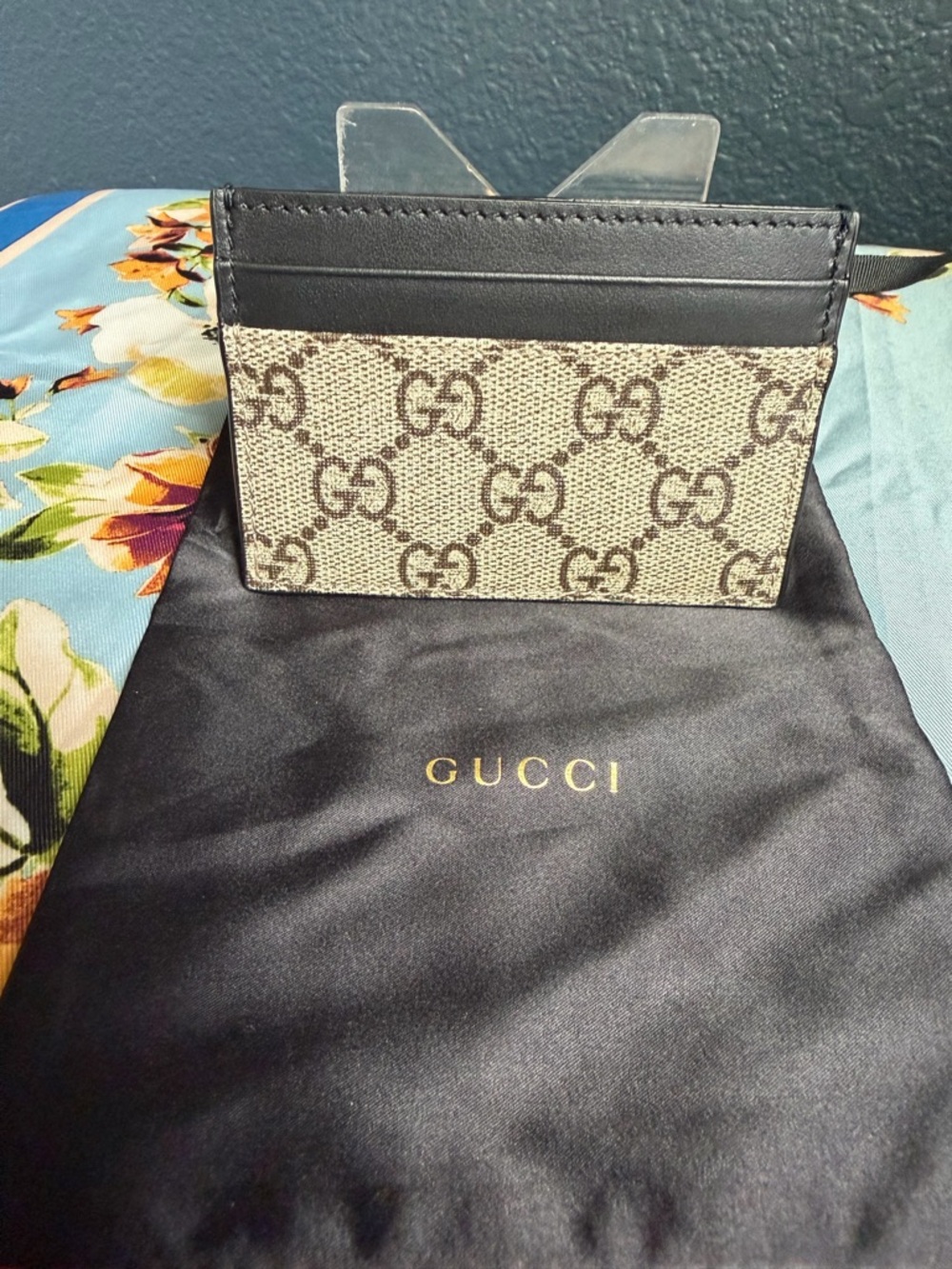 Gucci Beige and Brown GG Canvas Card Case with Black Trim